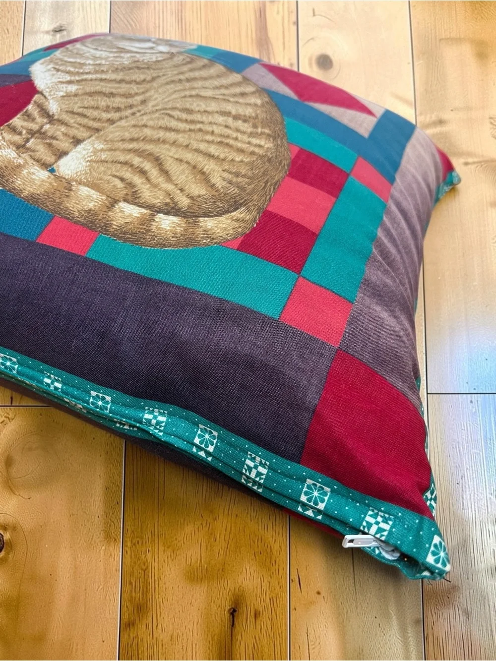 Vintage 90s Cat Throw Pillow Blue Eyed Tabby Patchwork Cottagecore